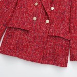 Womens Red Tweed Double Breasted Gold Button Detail Blazer