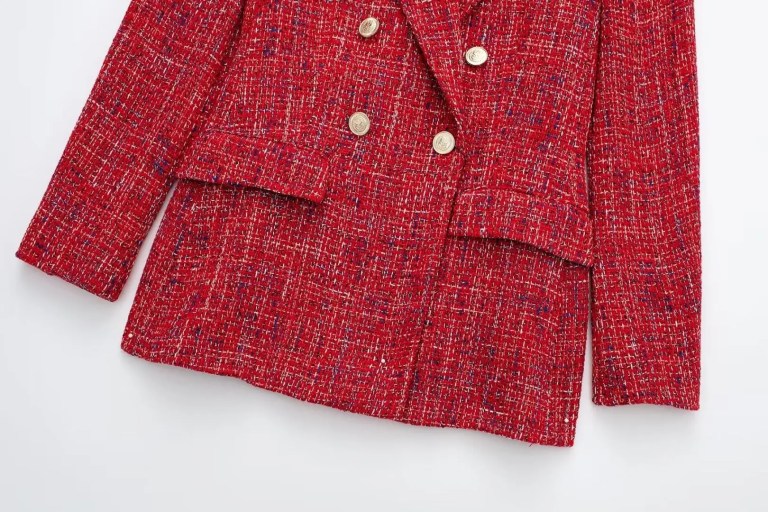 Womens Red Tweed Double Breasted Gold Button Detail Blazer