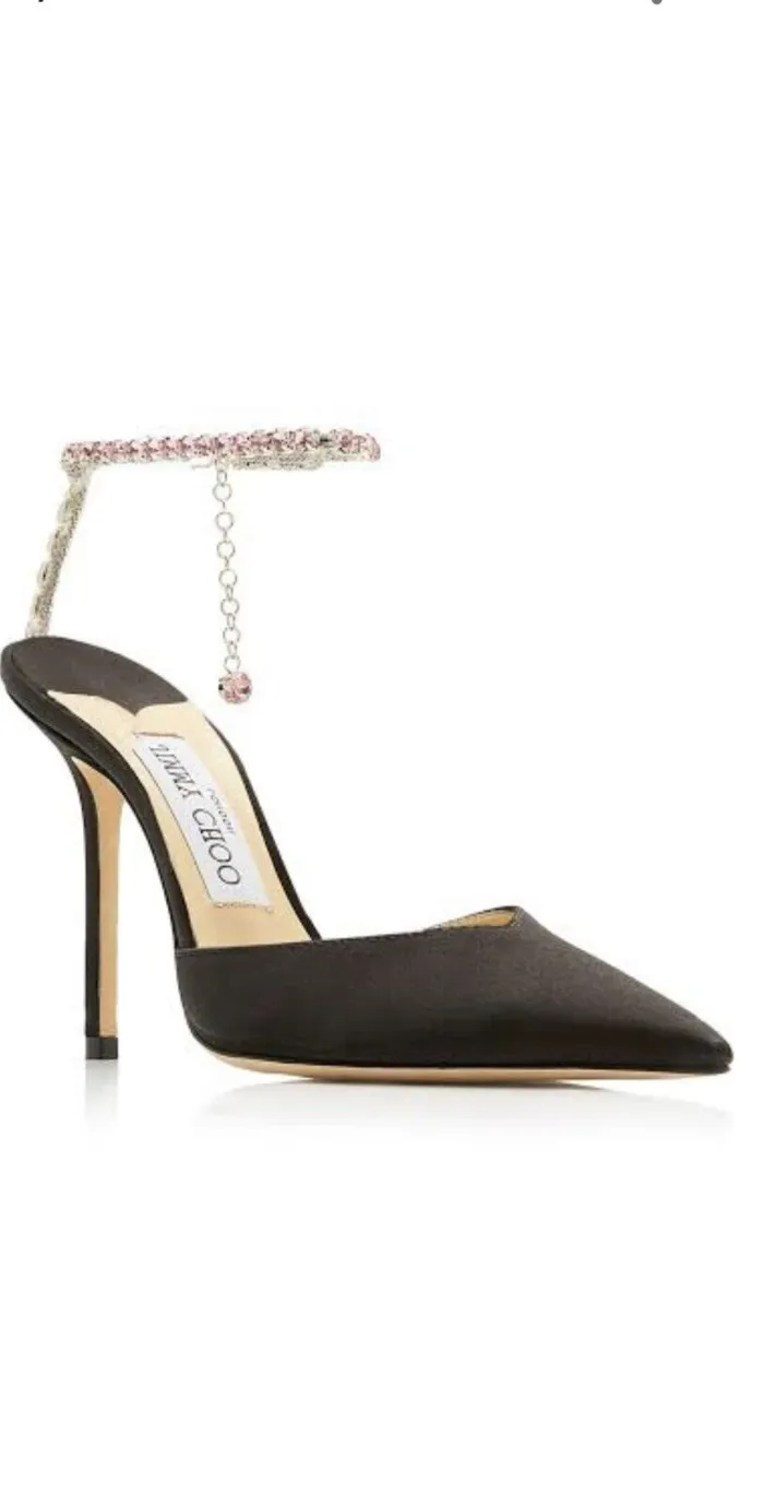 Authentic jimmy choo saeda black embellished satin pumps size 37.5