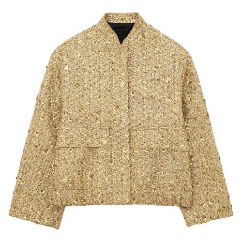 Womens Shimmer Sequence Stand Collar Long Sleeve Winter Coat