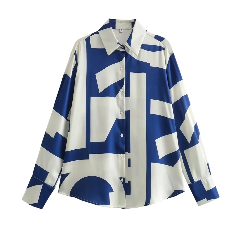 Women’s Colour Block Loungewear Set Silky Satin Print Shirt Loose Straight Leg Pants