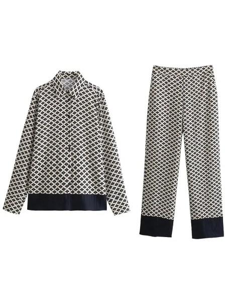 Bold Vintage Print Women Pyjamas Set Single Breasted Long Sleeve Shirt Loose Long Pants Bold Vintage Print Women Pyjamas Set Single Breasted Long Sleeve Shirt Loose Long Pants