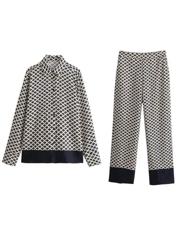 Bold Vintage Print Women Pyjamas Set Single Breasted Long Sleeve Shirt Loose Long Pants Bold Vintage Print Women Pyjamas Set Single Breasted Long Sleeve Shirt Loose Long Pants