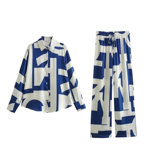 Women’s Colour Block Loungewear Set Silky Satin Print Shirt Loose Straight Leg Pants Women’s Colour Block Loungewear Set Silky Satin Print Shirt Loose Straight Leg Pants
