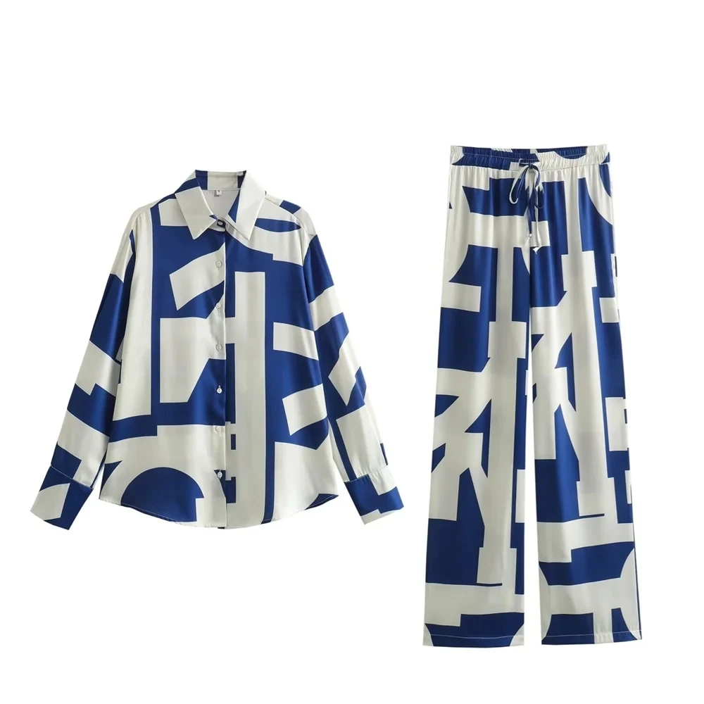 Women’s Colour Block Loungewear Set Silky Satin Print Shirt Loose Straight Leg Pants