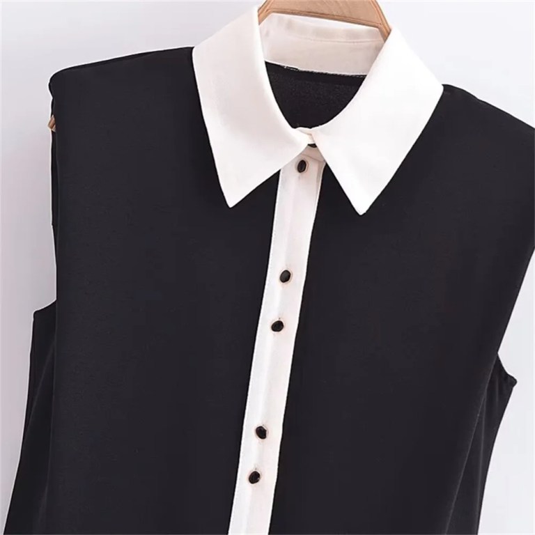 Spring Women’s Black Contrast White Sleeveless Collar Dress with cute black gold button detail
