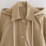 Women’s Hooded Khaki Trench Coat – Casual Pocket Trim, Single-Breasted Long Outerwear