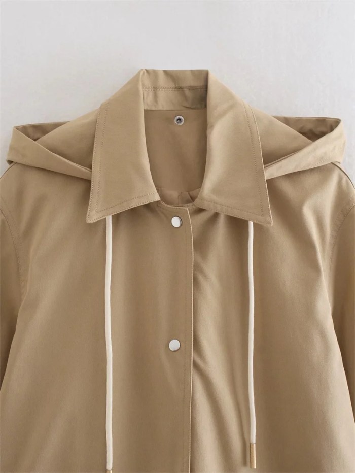 Women’s Hooded Khaki Trench Coat – Casual Pocket Trim, Single-Breasted Long Outerwear Women’s Hooded Khaki Trench Coat – Casual Pocket Trim, Single-Breasted Long Outerwear