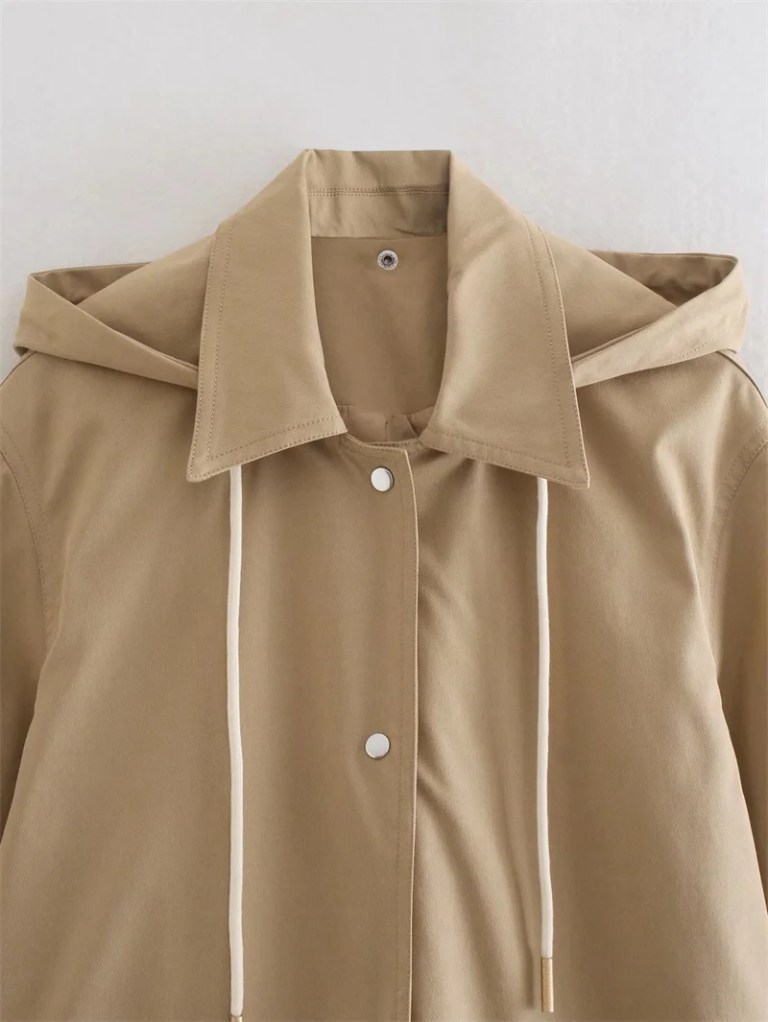 Women’s Hooded Khaki Trench Coat – Casual Pocket Trim, Single-Breasted Long Outerwear