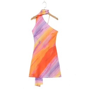 Holiday Women’s Striped Tie-dye streamer Asymmetrical Oblique shoulder Chiffon Mini Dress