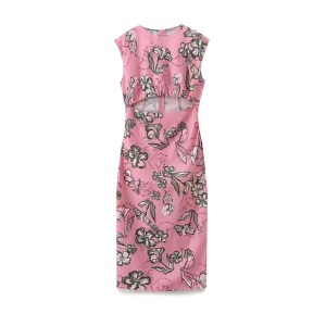 Women’s Hollow Midriff Flower Print Slim Back Slit Sundress