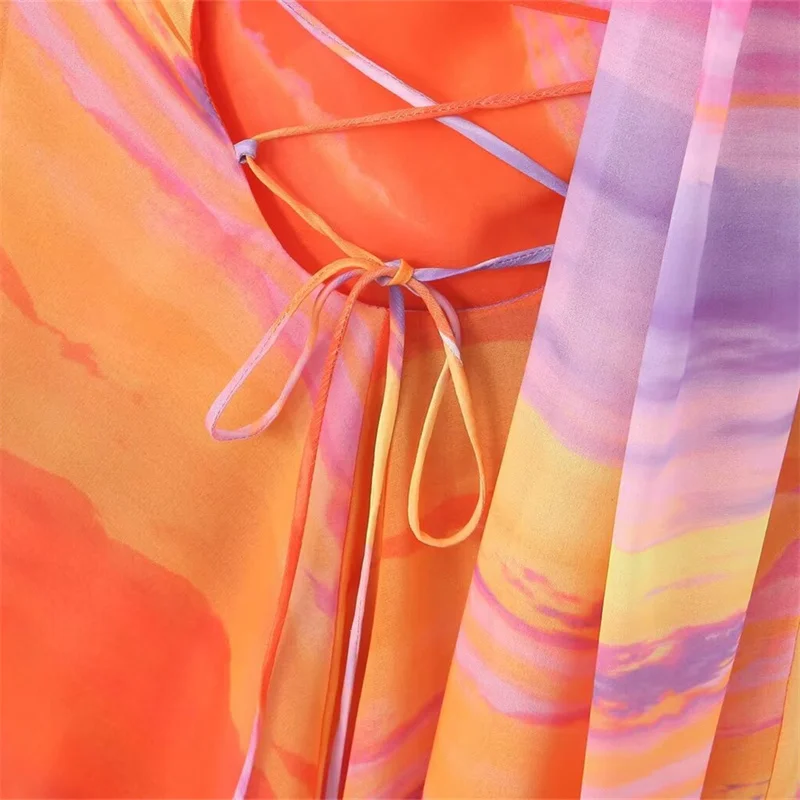 Holiday Women’s Striped Tie-dye streamer Asymmetrical Oblique shoulder Chiffon Mini Dress