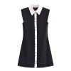 Spring Women’s Black Contrast White Sleeveless Collar Dress with cute black gold button detail Spring Women’s Black Contrast White Sleeveless Collar Dress with cute black gold button detail