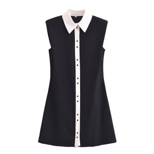 Spring Women’s Black Contrast White Sleeveless Collar Dress with cute black gold button detail