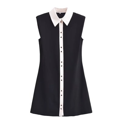 Spring Women’s Black Contrast White Sleeveless Collar Dress with cute black gold button detail Spring Women’s Black Contrast White Sleeveless Collar Dress with cute black gold button detail