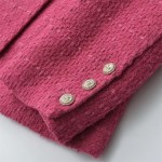 Women’s Rose red Tweed Single Breasted Retro Padded Flap Pockets Slim Crop Blazer