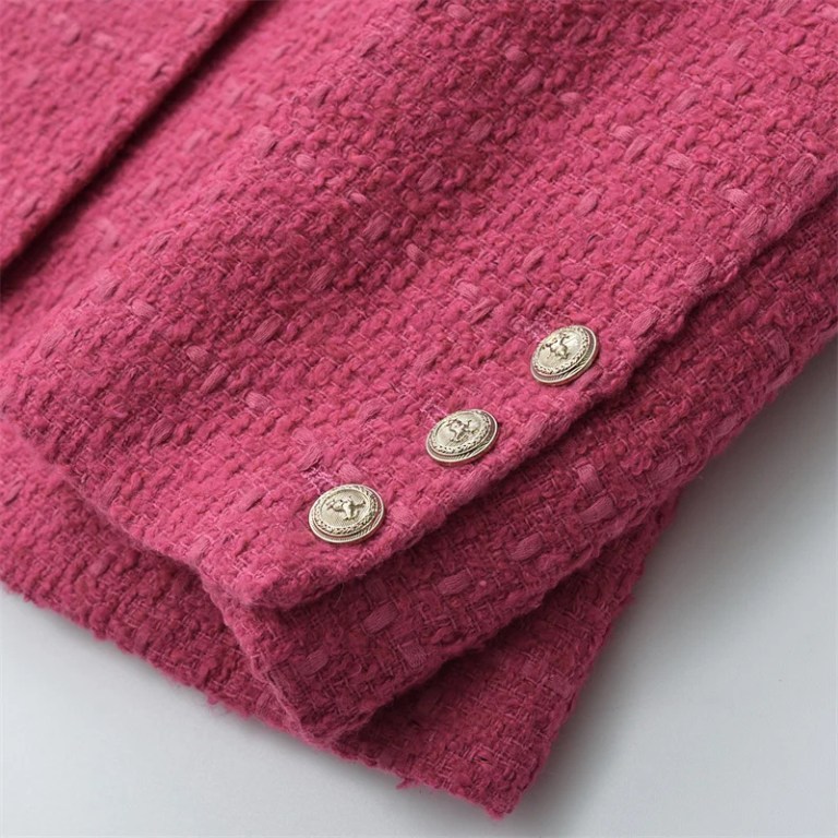 Women’s Rose red Tweed Single Breasted Retro Padded Flap Pockets Slim Crop Blazer