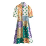 Polka Dot Print Shirt Summer Retro  Puff Sleeve A Line MIDI Dress