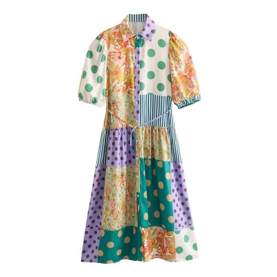 Polka Dot Print Shirt Summer Retro Puff Sleeve A Line MIDI Dress Polka Dot Print Shirt Summer Retro Puff Sleeve A Line MIDI Dress
