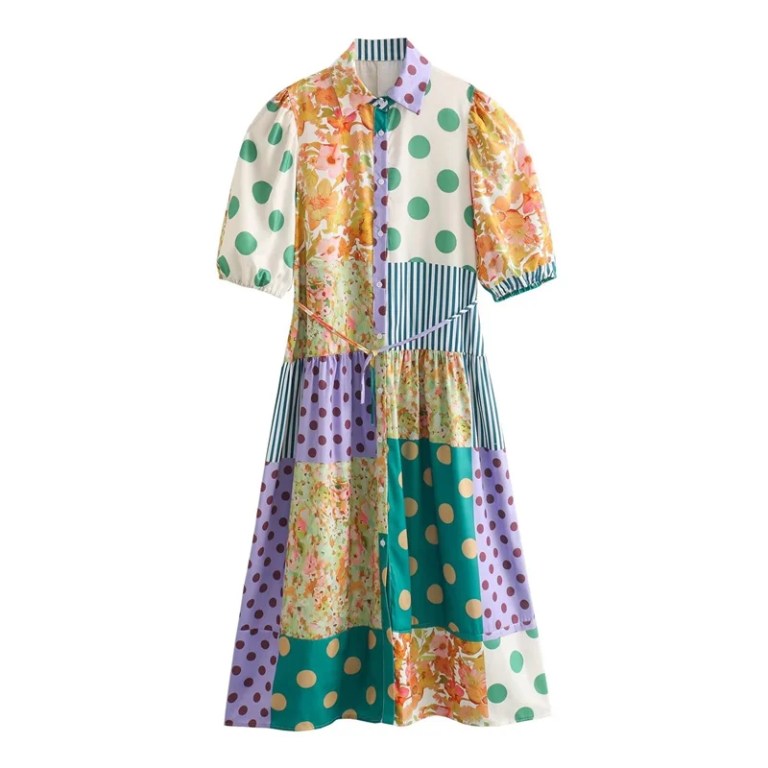 Polka Dot Print Shirt Summer Retro  Puff Sleeve A Line MIDI Dress