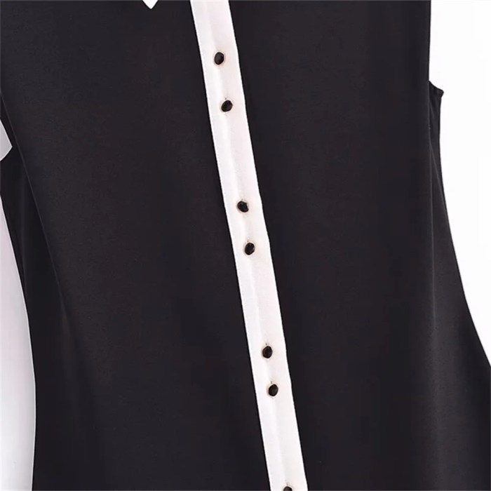 Spring Women’s Black Contrast White Sleeveless Collar Dress with cute black gold button detail Spring Women’s Black Contrast White Sleeveless Collar Dress with cute black gold button detail