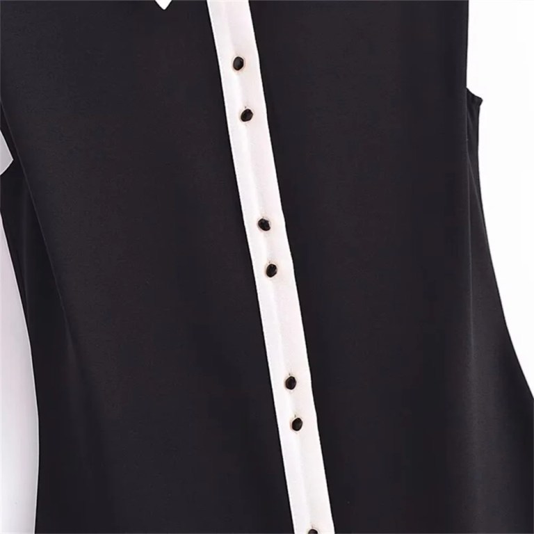 Spring Women’s Black Contrast White Sleeveless Collar Dress with cute black gold button detail