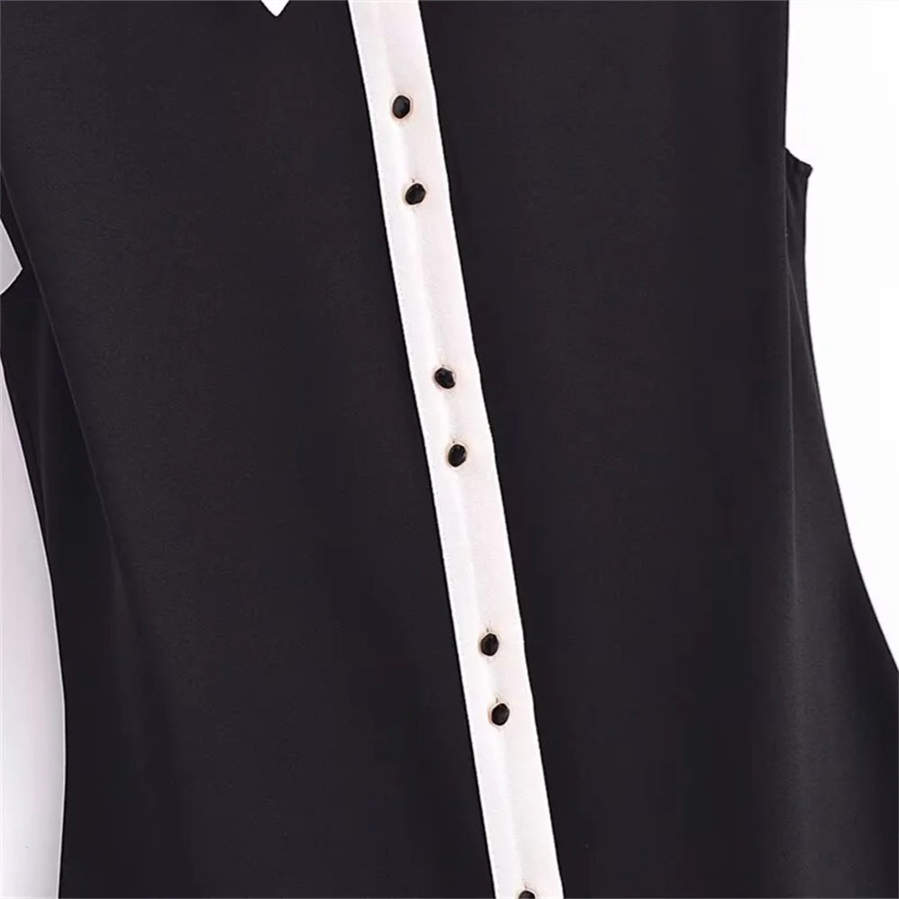 Spring Women’s Black Contrast White Sleeveless Collar Dress with cute black gold button detail