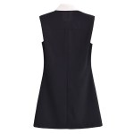Spring Women’s Black Contrast White Sleeveless Collar Dress with cute black gold button detail