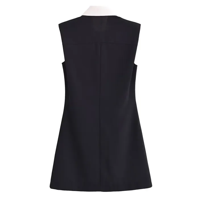 Spring Women’s Black Contrast White Sleeveless Collar Dress with cute black gold button detail Spring Women’s Black Contrast White Sleeveless Collar Dress with cute black gold button detail