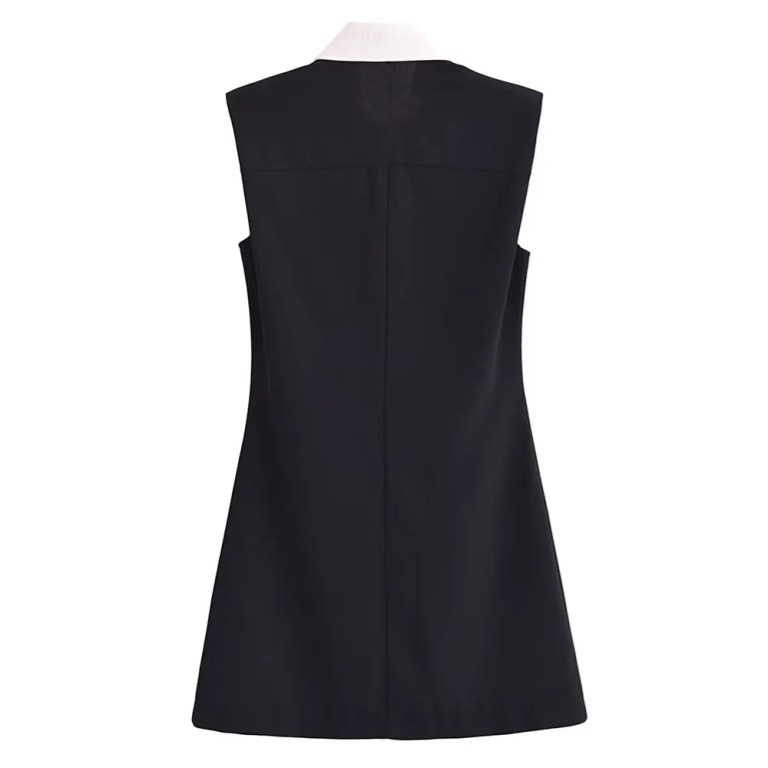 Spring Women’s Black Contrast White Sleeveless Collar Dress with cute black gold button detail