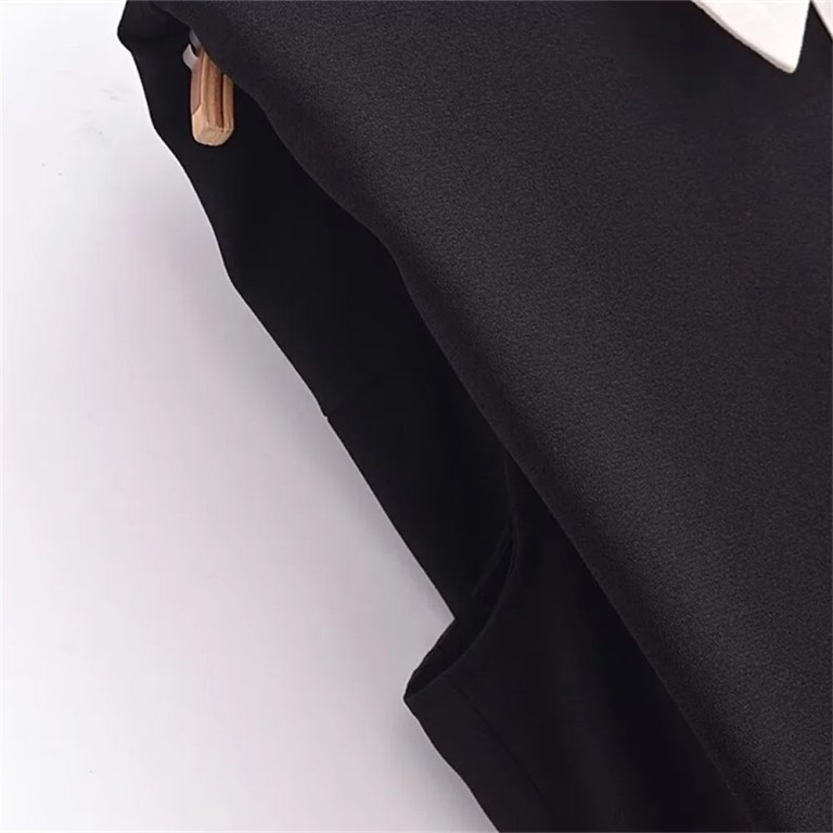 Spring Women’s Black Contrast White Sleeveless Collar Dress with cute black gold button detail