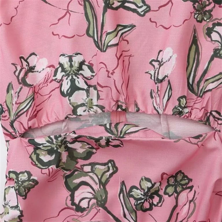 Women’s Hollow Midriff Flower Print Slim Back Slit Sundress