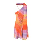 Holiday Women’s Striped Tie-dye streamer Asymmetrical Oblique shoulder Chiffon Mini Dress