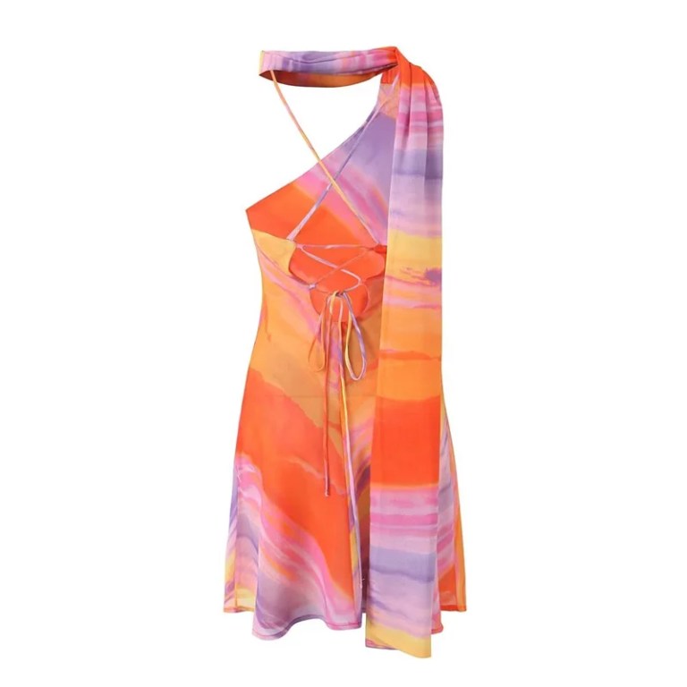 Holiday Women’s Striped Tie-dye streamer Asymmetrical Oblique shoulder Chiffon Mini Dress