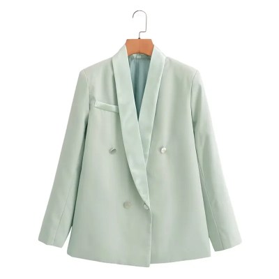 Women’s Pale Green Suit Jacket – Double-Breasted with Satin Stitching