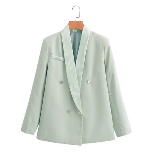 Women’s Pale Green Suit Jacket – Double-Breasted with Satin Stitching