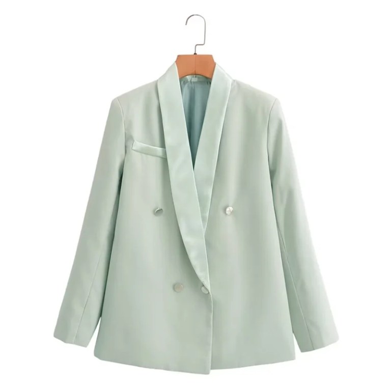Women’s Pale Green Suit Jacket – Double-Breasted with Satin Stitching Women’s Pale Green Suit Jacket – Double-Breasted with Satin Stitching