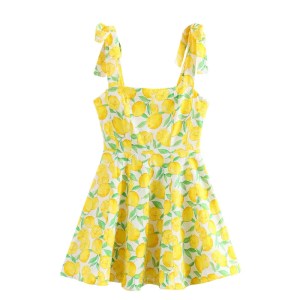 Women’s Lemon Print Sleeveless Mini Dress with Adjustable shoulder strap