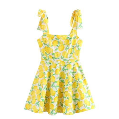 Women’s Lemon Print Sleeveless Mini Dress with Adjustable shoulder strap Women’s Lemon Print Sleeveless Mini Dress with Adjustable shoulder strap