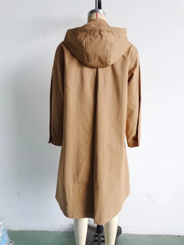 Women’s Hooded Khaki Trench Coat – Casual Pocket Trim, Single-Breasted Long Outerwear Women’s Hooded Khaki Trench Coat – Casual Pocket Trim, Single-Breasted Long Outerwear