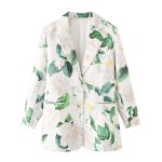 Pastel Women’s Floral Leaf Print Suit – Single-Breasted with Double Pockets