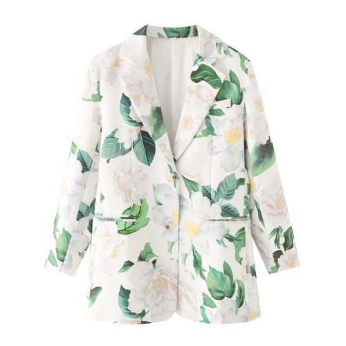 Pastel Women’s Floral Leaf Print Suit – Single-Breasted with Double Pockets Pastel Women’s Floral Leaf Print Suit – Single-Breasted with Double Pockets