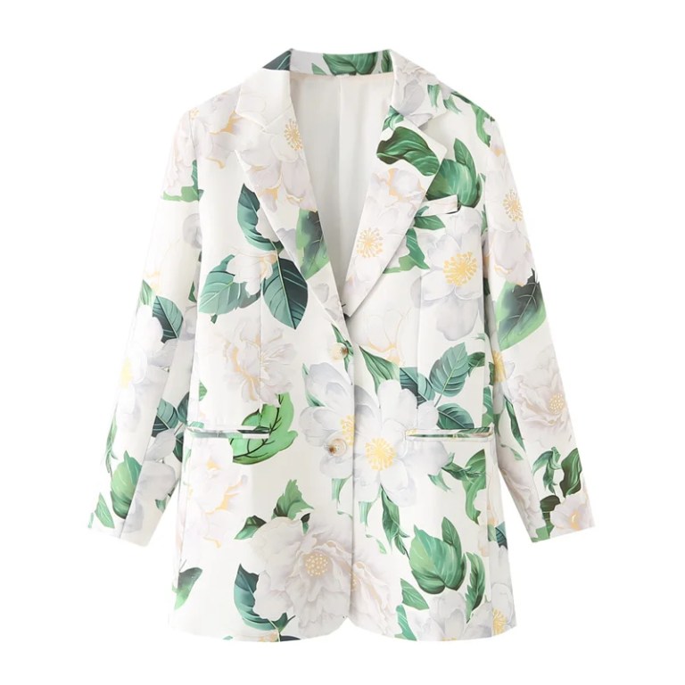 Pastel Women’s Floral Leaf Print Suit – Single-Breasted with Double Pockets