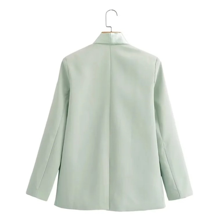 Women’s Pale Green Suit Jacket – Double-Breasted with Satin Stitching Women’s Pale Green Suit Jacket – Double-Breasted with Satin Stitching