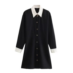Women’s Slim Fit Polo Collar Single Breasted Black Shirt Mini Dress