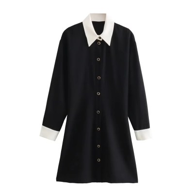 Women’s Slim Fit Polo Collar Single Breasted Black Shirt Mini Dress Women’s Slim Fit Polo Collar Single Breasted Black Shirt Mini Dress