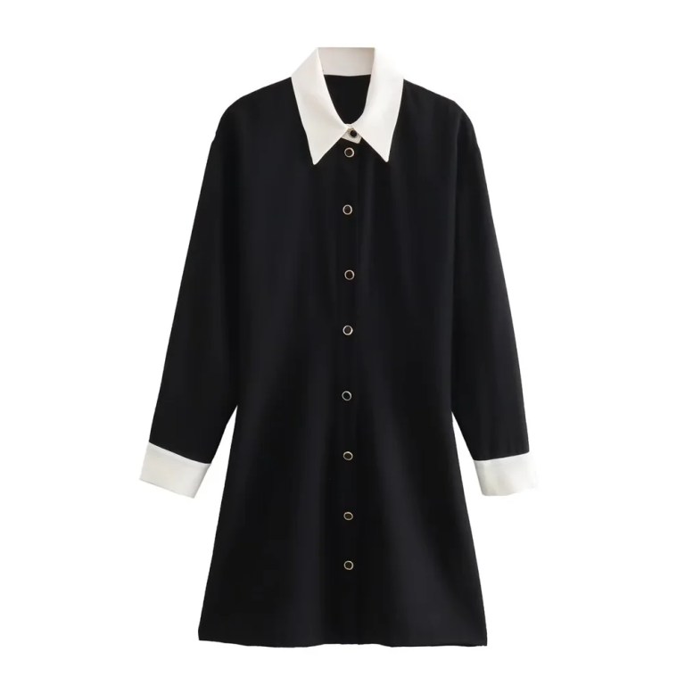 Women’s Slim Fit Polo Collar Single Breasted Black Shirt Mini Dress Women’s Slim Fit Polo Collar Single Breasted Black Shirt Mini Dress