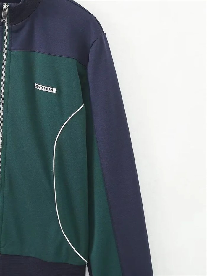Preppy style Women’s Contrasting Color Zipper Threaded Patchwork Jacket Trackie set Preppy style Women’s Contrasting Color Zipper Threaded Patchwork Jacket Trackie set
