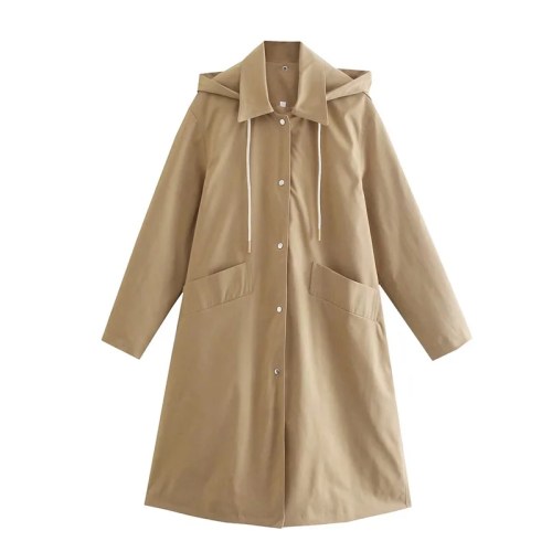 Women’s Hooded Khaki Trench Coat – Casual Pocket Trim, Single-Breasted Long Outerwear Women’s Hooded Khaki Trench Coat – Casual Pocket Trim, Single-Breasted Long Outerwear