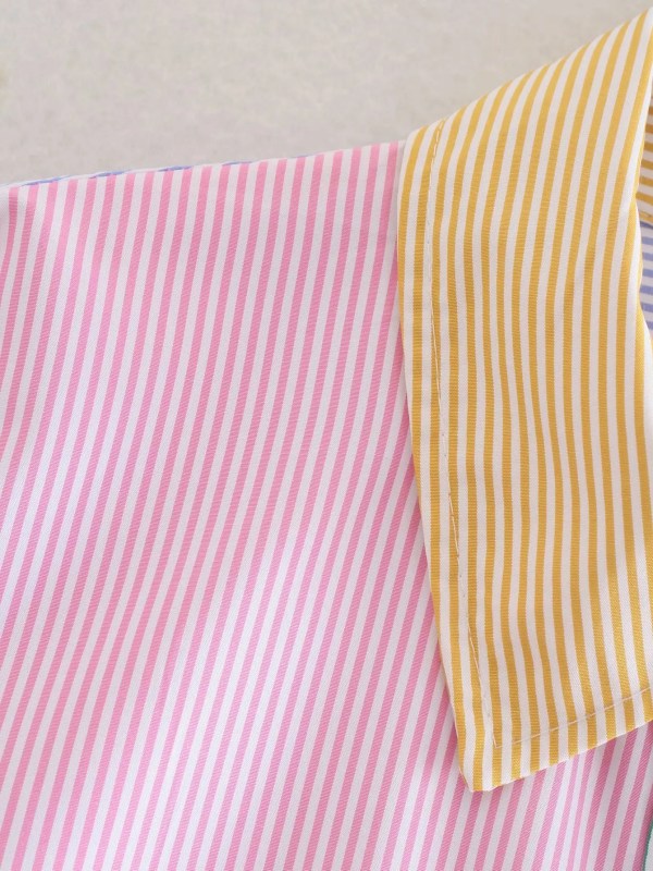 Women’s Fashion Hit Color Striped Print Two-Piece – Buttoned Casual Top and Shorts Set for Summer